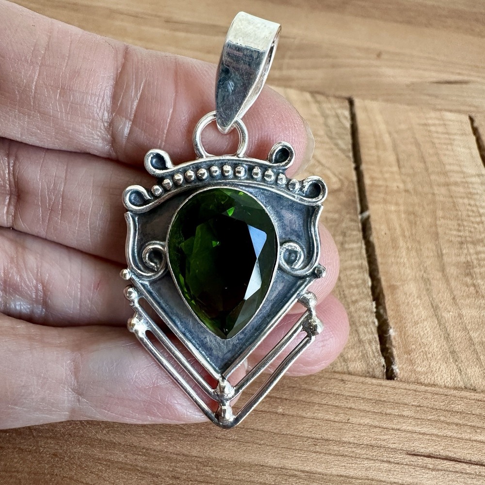 Vintage Brutalist Artisan Pendant 2 Inch Green Lab Peridot Gem 925 Sterling 7.7g
